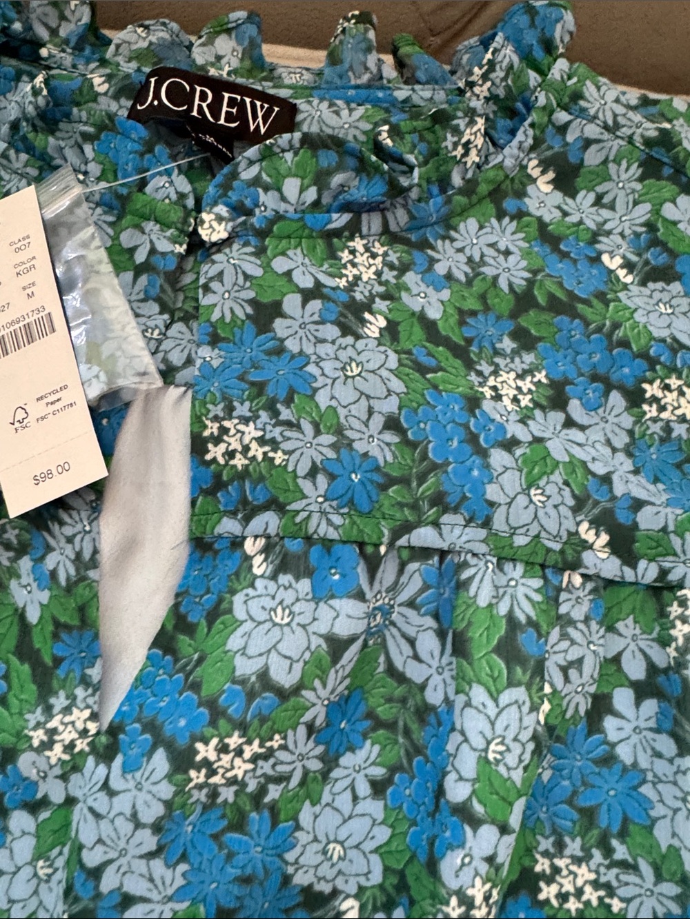 J. Crew Blue & Green Floral Ruffle-Neck Blouse - Picture 5 of 5